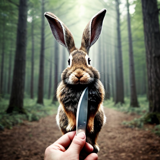European rabbit, holding knife, forest, evil