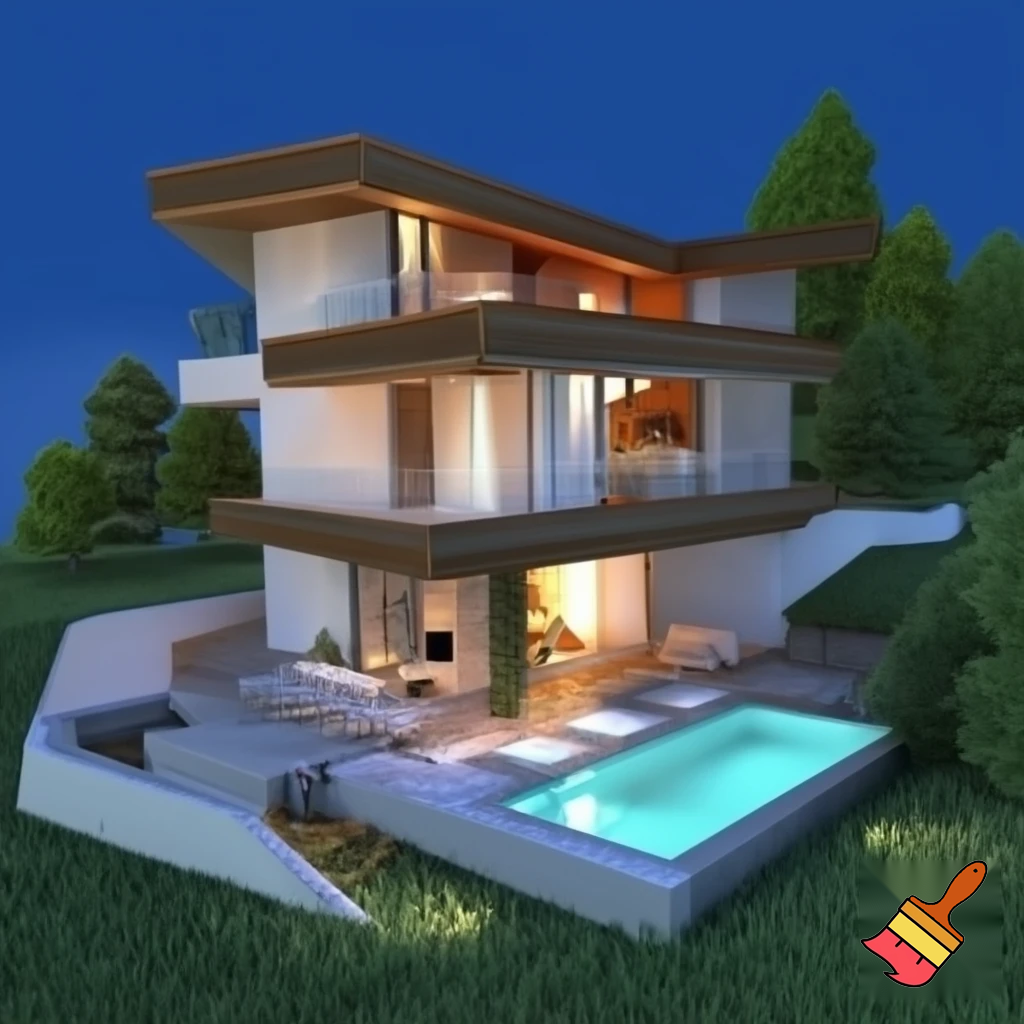 Crea modellino di villa 3D con piscina,in montagna 