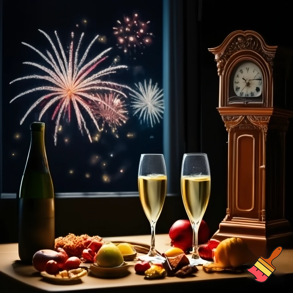 on the table there are two glasses of champagne, a bottle, streamers, snacks and fruit, next to it there is an old clock, the hands of the clock are at 12 o'clock, in the background there is a window and fireworks outside the window