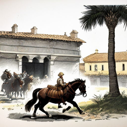 Illustration of a scene from Don Quixote, Scene 7.
A muleteer (arriero) punching Don Quixote.
Don Quixote falling to the ground, armor damaged.
Sancho Panza nearby, shocked and worried.
Old Spanish inn in the background.
Action scene but educational, not violent.
Classic book illustration style, 17th century Spain.
Soft colors, hand-drawn, clear composition.



