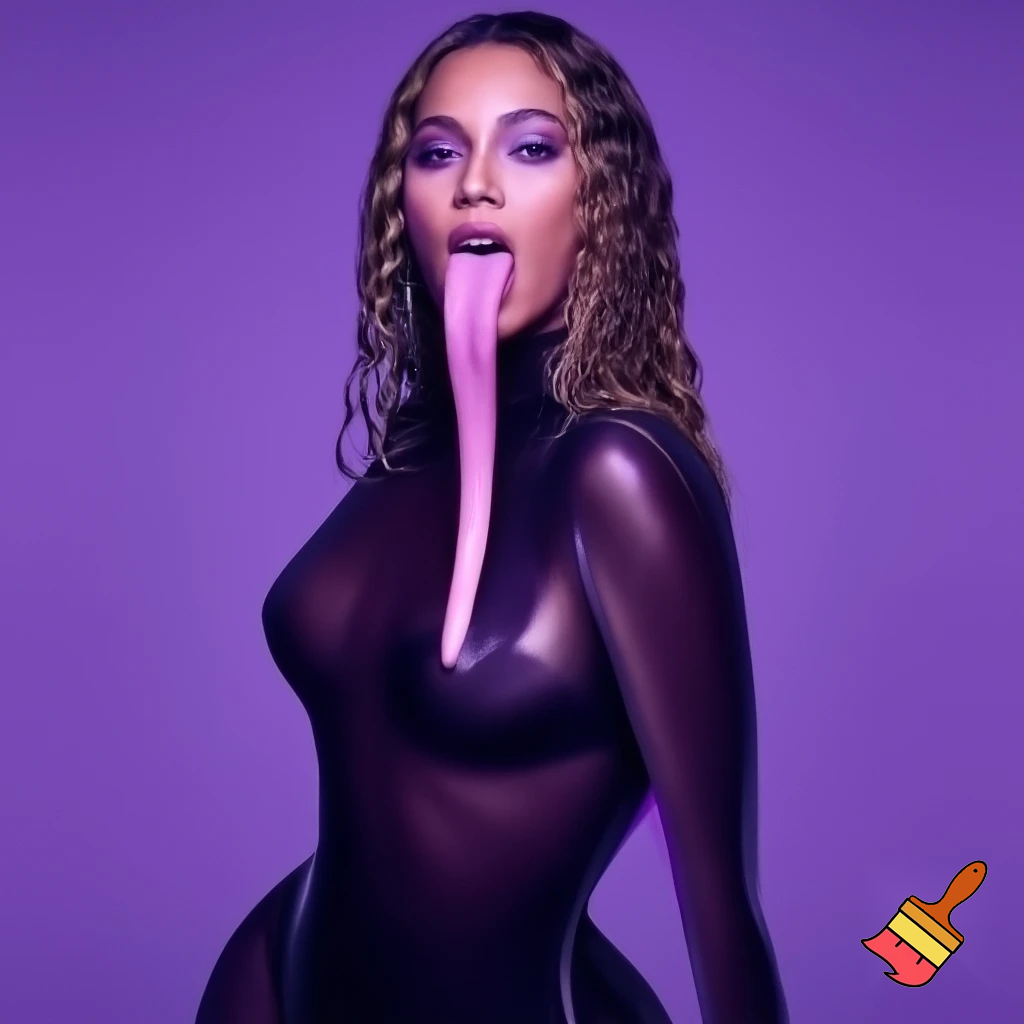 Beyonce showing her long tongue sexy photohsoot in a purple setting ,she is wearing a transparent bodysuit ,saliva wet photoshoot 