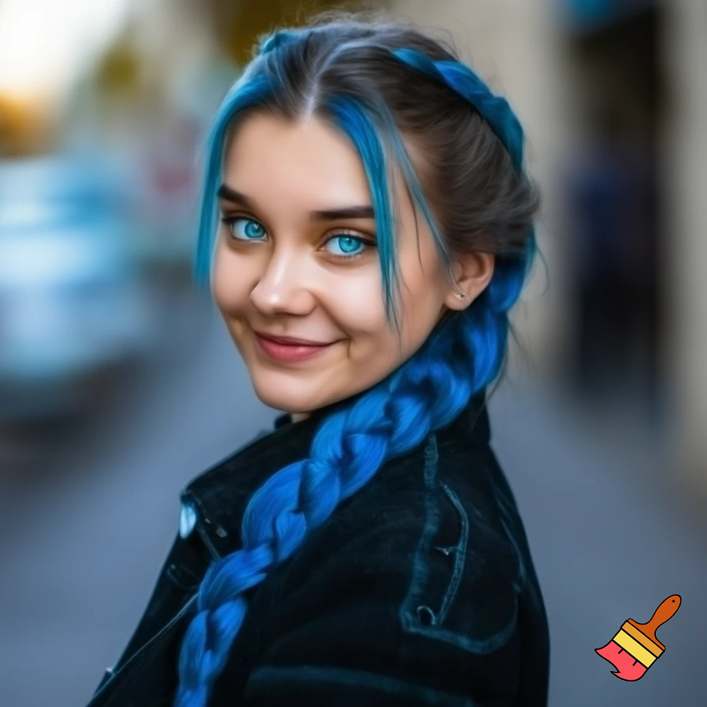 girl with blue braid and has a black jacket with blue eyes
with smile