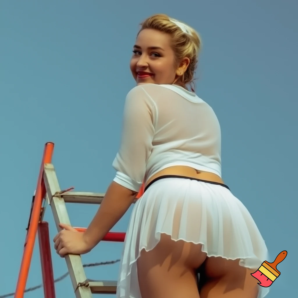 Blonde beautiful pin-up climbing ladder ultra shortened sheer translucent white hem short miniskirt sheer translucent white cropped top smiling at low angle camera below over shoulder