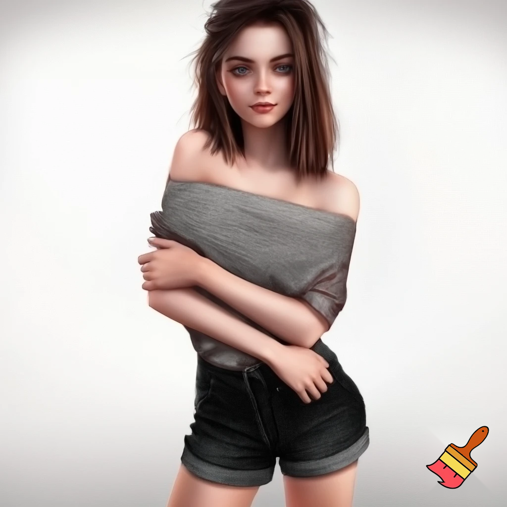 girl 20 years old so cool and cute is dressing a of shoulder dress and it’s very revealing and very cool short black jeans is standing in white screen make is so realistic