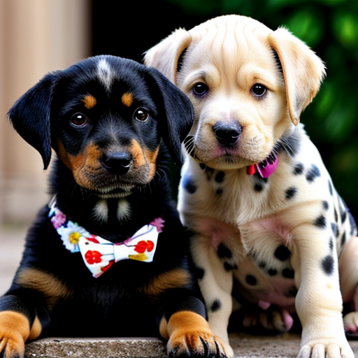 Dalmatian Puppy beside Rottweiler Puppy with flowers 