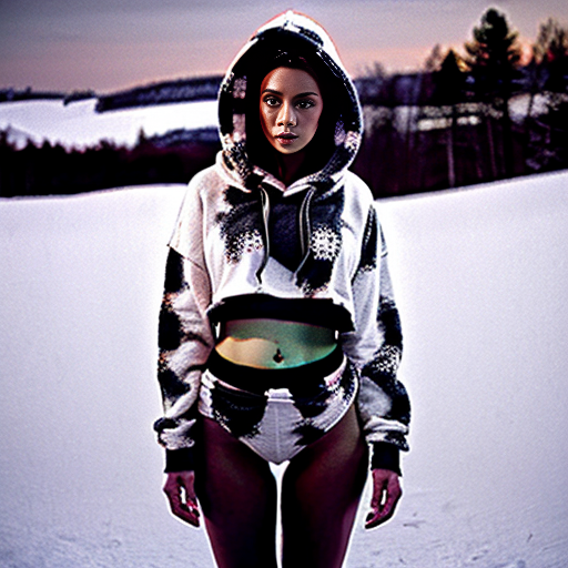 Cinematic, photorealistic full-body portrait of a young woman with dark hair, standing in a snowy field at dusk. She is positioned in a snowdrift. The atmosphere is cinematic with dramatic, moody lighting.

She is wearing a short cropped white hoodie that ends above her navel, exposing her midriff. The hoodie has long sleeves, a hood with drawstrings, and a loose hem with no elastic band. The ENTIRE surface of the hoodie—including the front, back, both sleeves completely, and the hood—is fully covered in a gray leopard print (greyscale cheetah pattern). No solid white fabric is visible anywhere on the hoodie.

On her lower body, she is wearing only white hiphugher briefs with a wide waistband. The waistband is decorated with a continuous black text strip with small, sharp font. The fabric of the briefs is smooth and matte. A subtle but distinct vertical center seam runs down the front of the briefs along the pubic area, slightly visible and contrasting against the smooth fabric.

Her legs are bare. No pants, no shorts, no leggings. The composition emphasizes the contrast between the casual hoodie and the minimalist briefs against the winter landscape. Soft cinematic lighting, shallow depth of field, sharp focus on fabric textures and the central seam, 8k resolution, shot on professional DSLR. --ar 2:3