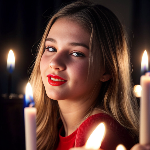 caucasian cute teen girl, skinr, , , seethrou, red lips, full body, b, sideview,, frontview, christmas, cmltoe, opening, nighttime, candles, young,looks at camera