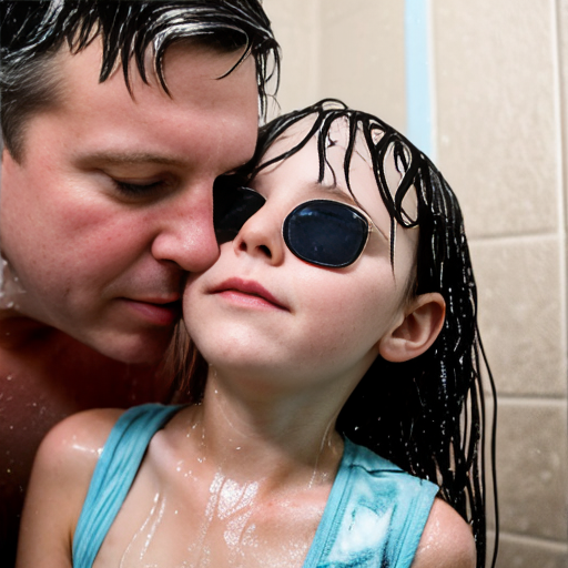 Crea la imagen real en alta definicion de una niña rubia de 8 años con su padre en la ducha  desnudos besandose