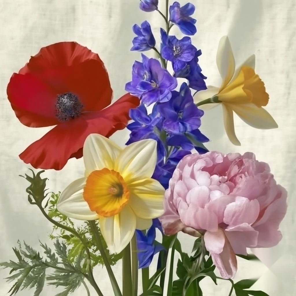  Poppy, Larkspur, Jonquil and Peony 