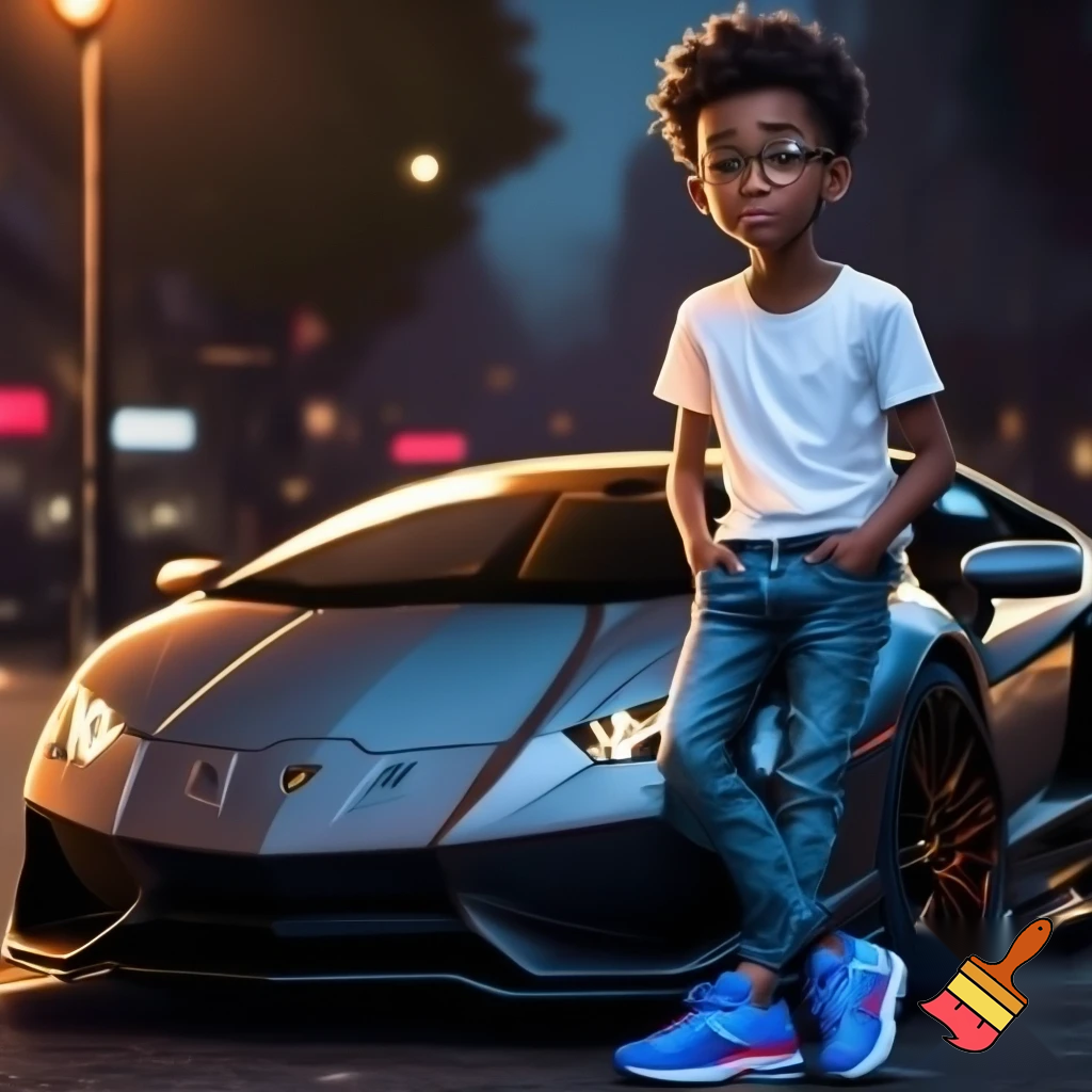a guy with black short curly hair and with bleu geans on and a white bloes and bleu airmax shoes and he has golden glasses and he is sandingg and leaning ageinst a lamborgini and his hands in his pockets and he has a white skin coulor and he is as tall as a 12 year old

