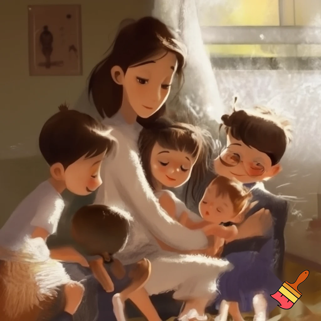 Je veux une famille normale avec une maman fine et voilée avec 3 garçons d'environ 10 ans une petite fille de 8 ans une fille de 4 ans et un bébé ils ont tous les cheveux noirs bruns et je veux pas de salon arabe juste la maman est voilee 