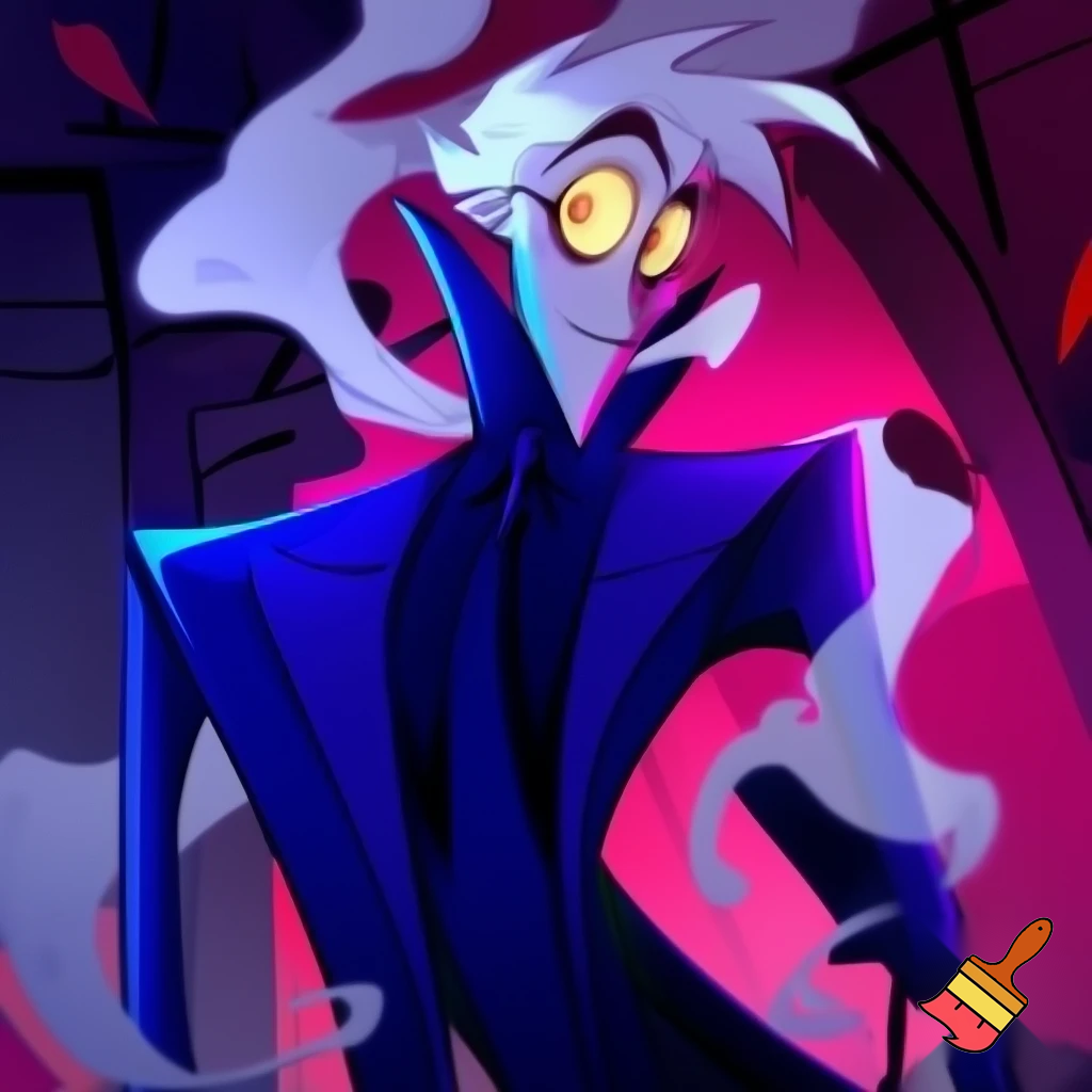 A tall, lean pale man with white hair, distinctive round brass glasses he has a stern look on his face. his face In cartoonish art style of hazbin hotel wearing his signature blue overcoat and smoke curling around him