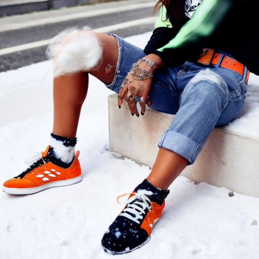 Rihanna orange tanktop belt blue short jeans purple socks orange and white sneakers on a sitting Snow 