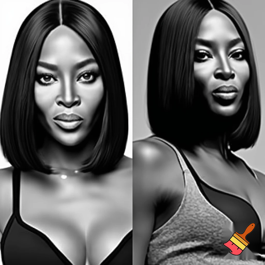 Black and white image of Naomi Campbell with a sleek black middle part bob hair wearing a grey tank top and black bra working out 