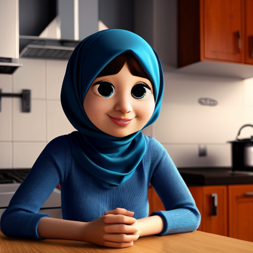 Мультяшный 3D стиль Pixar, упрощённые мультяшные черты, яркие дружелюбные цвета, уютная кухня. Мусульманская мама 35-40 лет, полностью покрыта голубым платьем, которая не выделяет широкое платье, округлое мультяшное лицо, большие простые глаза, готовит на плите. Сын, 20 лет, синяя толстовка, чёрные джинсы, короткая мусульманская причёска, мультяшное лицо, большие выразительные глаза, сидит за столом. Постоянный персонаж, одинаковая одежда и причёска, повторяемый дизайн персонажа, кинематографическое освещени.