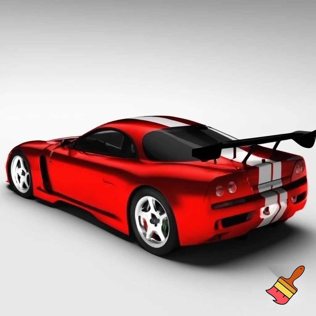 Red 2002 gemballa gtr 650 evo with white rims, white stripes, and black rear spoiler, in white background