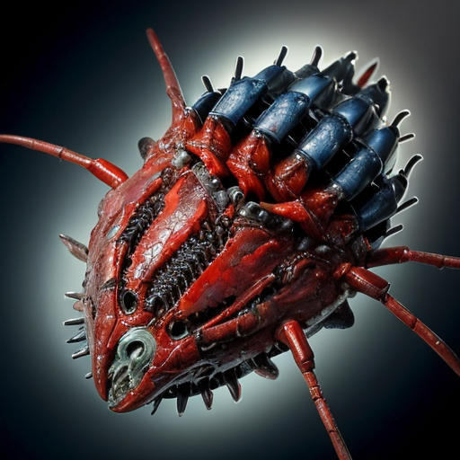 ​A highly detailed, photorealistic biomechanical alien spaceship floating in deep space. The ship is a grotesque, asymmetrical fusion of organic and mechanical parts. Its outer hull features weathered, pale greyish-green chitinous armor plating reminiscent of a giant insect shell, interspersed with exposed, glistening wet red muscles, veins, and gore. Intricate dark metallic cables, segmented robotic joints, and sharp metal spikes weave intricately through the raw flesh. The hull is studded with multiple large, glowing, translucent azure blue dome-like eyes. Near the upper right, a secondary cluster of smaller, glowing yellow and blue robotic eyes emerges from the bloody tissue. At the base is a circular, ribbed, toothy maw with dangling dark red, fleshy biomechanical tentacles and wires extending downward. The background is a breathtaking cosmic vista with vibrant purple and emerald green nebulas, stars, and floating rock debris. Cinematic lighting, hyper-detailed, 8k resolution, macro-photography details on the wet flesh and scratched metal, dark sci-fi, cosmic horror, HR Giger meets David Cronenberg, masterpiece