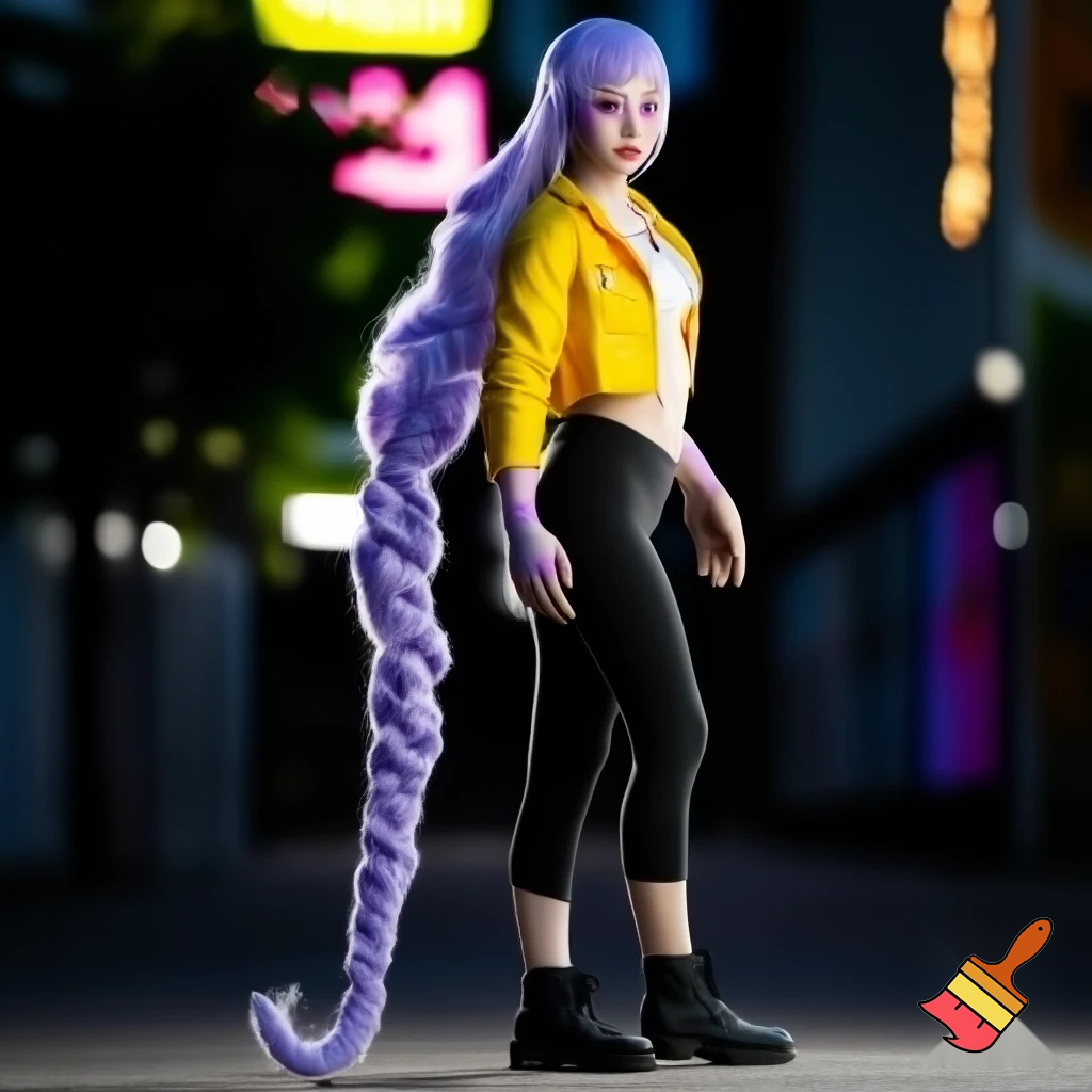 rumi, the main character in the animated film KPop Demon Hunters, is described as a slim and athletic young Korean woman in her early twenties. Her physical description in the film is highly stylized to reflect K-pop idol beauty standards, but the character design also emphasizes her strength and agility as a demon hunter. ties, reconciling her dual nature and the markings that appear on her skin. The hair is a vibrant, brilliant purple (often described as lavender or lilac in fan discussions). Unlike the demon patterns on her body which change color, the purple hair is a static feature that she has had since childhood, suggesting it is a natural result of her half-demon heritage rather than dye.
Style: Her hair is typically styled in a very long, high-swept braid that reaches down to her calves or even ankles. The specific braiding technique is most often a dragon braid or pull-through braid, which gives it a voluminous, segmented, and rope-like appearance that can whip around dramatically during fight scenes. with a yellow jacket and a white top and black pants  short and black boots