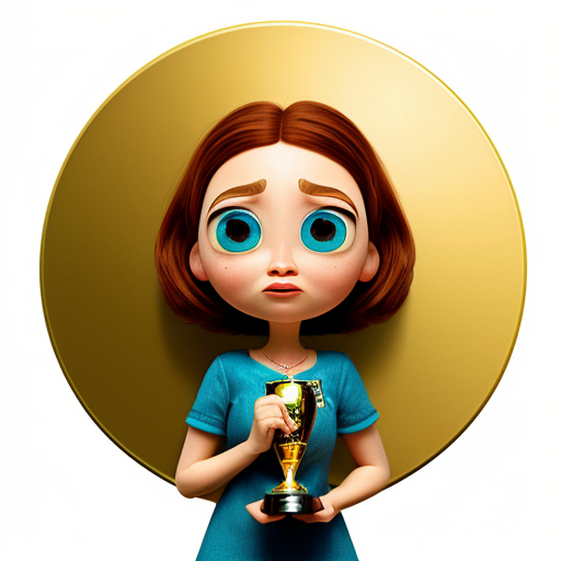 the emotion proud one person gold holding trophy Pixar cartoon style gold skin big eyes 