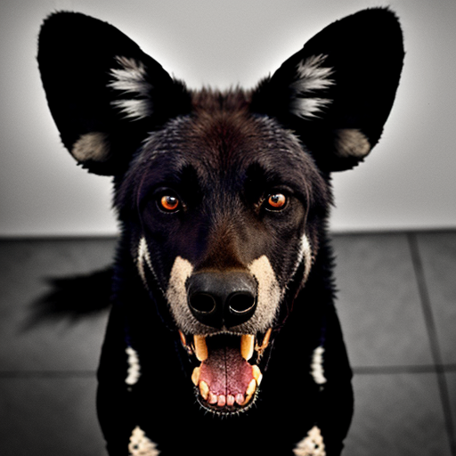A black wild dog taking a mugshot looking DEADLY, sinister, angry and malicious