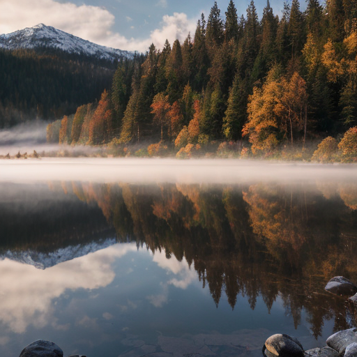A breathtaking 4K ultra-high-definition landscape wallpaper, photorealistic, shot with a 50mm lens at golden hour. A serene mountain lake reflecting snow-capped peaks and vibrant autumn forests, mist rising gently from the water, soft sunlight breaking through clouds, rich textures in rocks and foliage, cinematic lighting, extremely detailed, sharp focus, no watermark, 16:9 aspect ratio.
