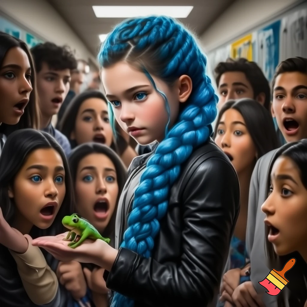 girl with blue braid and has a black jacket with blue eyes holding a frog all the people are looking at the frog scared at shcool the people opened there jaw