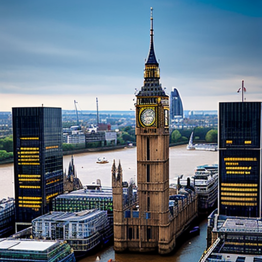 Aerial view of British and English city of London with Palace of Westminster, Big Ben, River Thames, sci-fi futuristic buildings, sci-fi futuristic skyscrapers and blue sky in 2625.