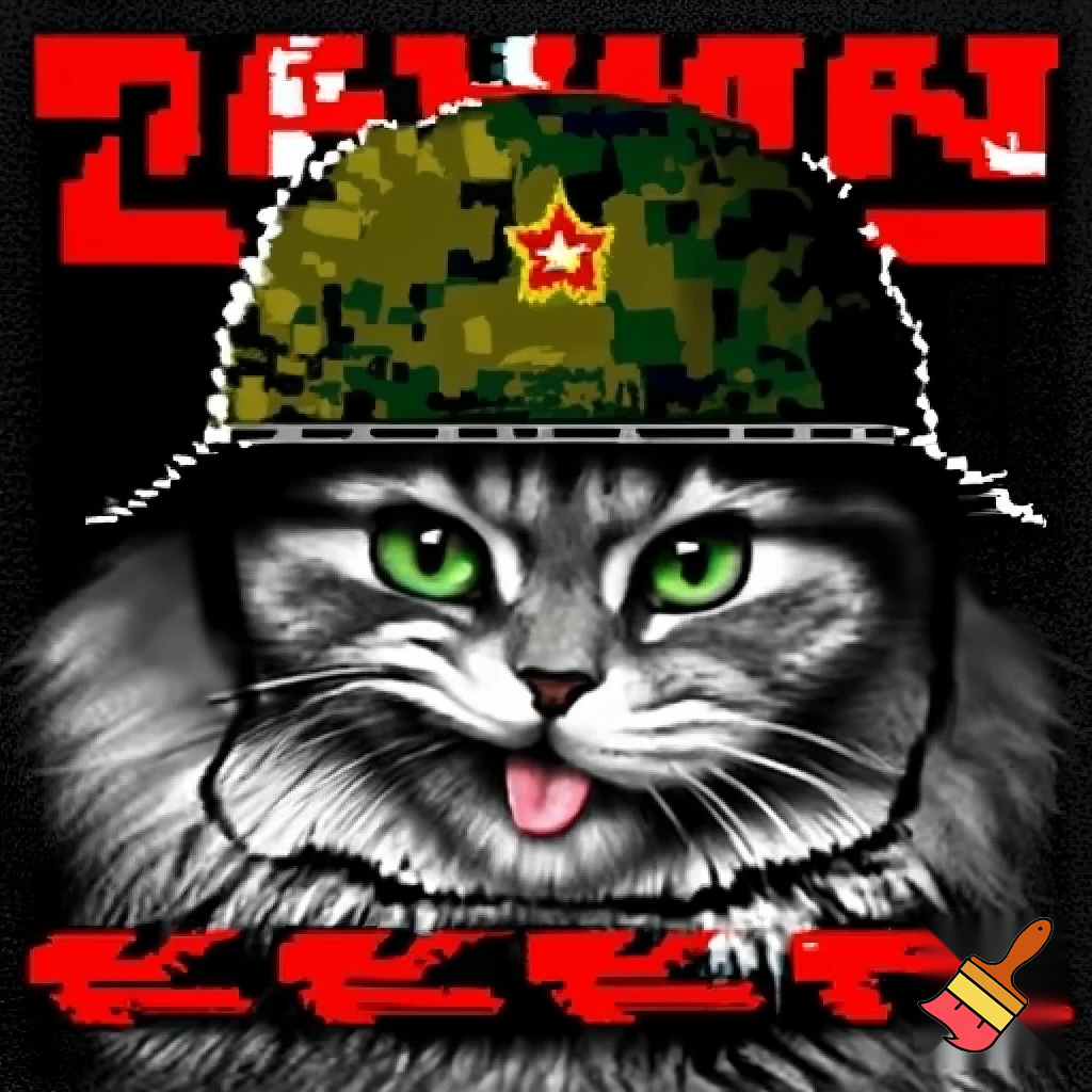 A hyper-realistic close-up portrait of a fluffy gray Siberian cat with bright green eyes, sticking its tongue out playfully. The cat is wearing a digital pixelated camouflage military helmet. The style is a Soviet-era military or socialist realism, with bold stylized graphics, high contrast, and a limited color palette of olive green, black, red, and white. In the background, bold Cyrillic text in red and white: at the top "БООРУЖЕННЫЕ СИЛЫ РОССИИ" (Armed Forces of Russia) and at the bottom "KAMAZ". The letter "Z" is prominently displayed on the side of the helmet or in the background. The image has a slightly grainy, vintage print texture. The mood is ironic and humorous, mixing cuteness with military aesthetics. --style raw --ar 2:3