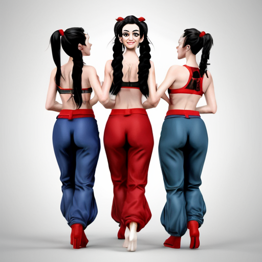 90's disney's 2d aladdin style comic dark blue background and panels of panel 1 a black haired ponytail woman with blue skin , blue harem pants, red bra and red sash and red curved slippers and with three heads walking towards viewer. panel 2 the head in the middle of the three headed black haired ponytail woman with blue skin , blue harem pants, red bra and red sash and red curved slippers is looking at the left head and the right head of the three headed the black haired ponytail  woman with blue skin , blue harem pants, red bra and red sash and red curved slippers. Panel 3 the middle head of the three headed black haired ponytail woman with blue skin , blue harem pants, red bra and red sash and red curved slippers is making a kiss face and still walking towards viewer. Panel 4 but then the two heads of the three headed the black haired ponytail barefoot woman with blue skin , blue harem pants, red bra and red sash did the same. Panel 5 then the three heads of the three headed black haired ponytail woman with blue skin , blue harem pants, red bra and red sash and red curved slippers started kissing the viewer. Panel 6 then the three headed black haired ponytail  woman with blue skin , blue harem pants, red bra and red sash and red curved slippers then turns around and raising her arms then swaying her hips. Panel 7 while the the three headed black haired ponytail woman with blue skin , blue harem pants, red bra and red sash and red curved slippers is shaking her butt a triangle shaped patch was on the her butt of her blue harem pants.