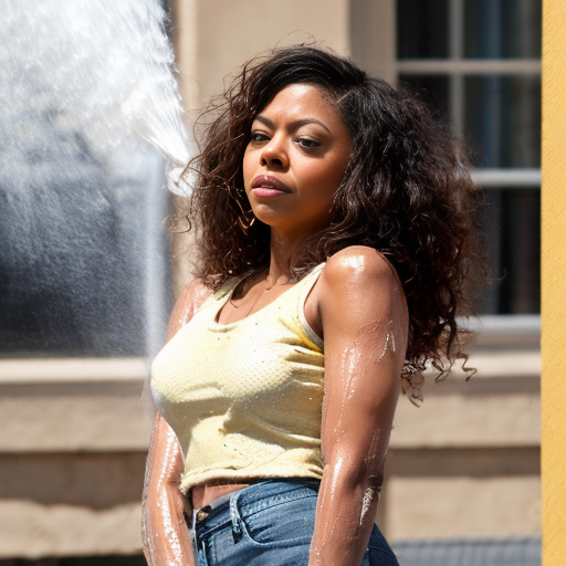 Taraji P. Henson as an FBI one beige fur jacket and yellow beige tank top red and yellow dots and blue jeans with long curly thick hair 20th Century Fox spray sprinkling water TNT stone smoker *punch*