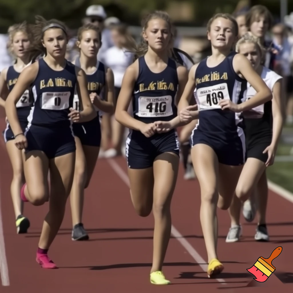 create a photo sequence (4 photos) in order. photo 1, a girl student is told by her teacher that she will compete in the schools 100 meter race. photo 2, the girl student is very nervous. photo 3, the girl gets encouragement from her classmates that she can do well in the 100 meter competition. photo 4, the girl competes and wins the 100 meter race.