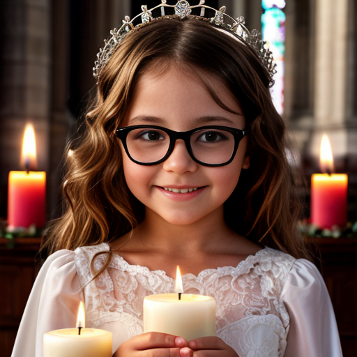 Cute adorable niña Chilindrina glasses con hair curly Blonde con corona Flores con verano elegante formal primera comunión sensual sexy con holding vela dé candela con altar con iglesia templó católico 3
