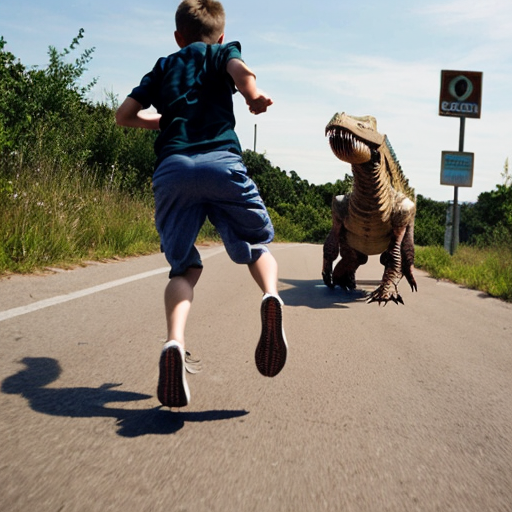 a kid running from a dinasour getting ride by a human
