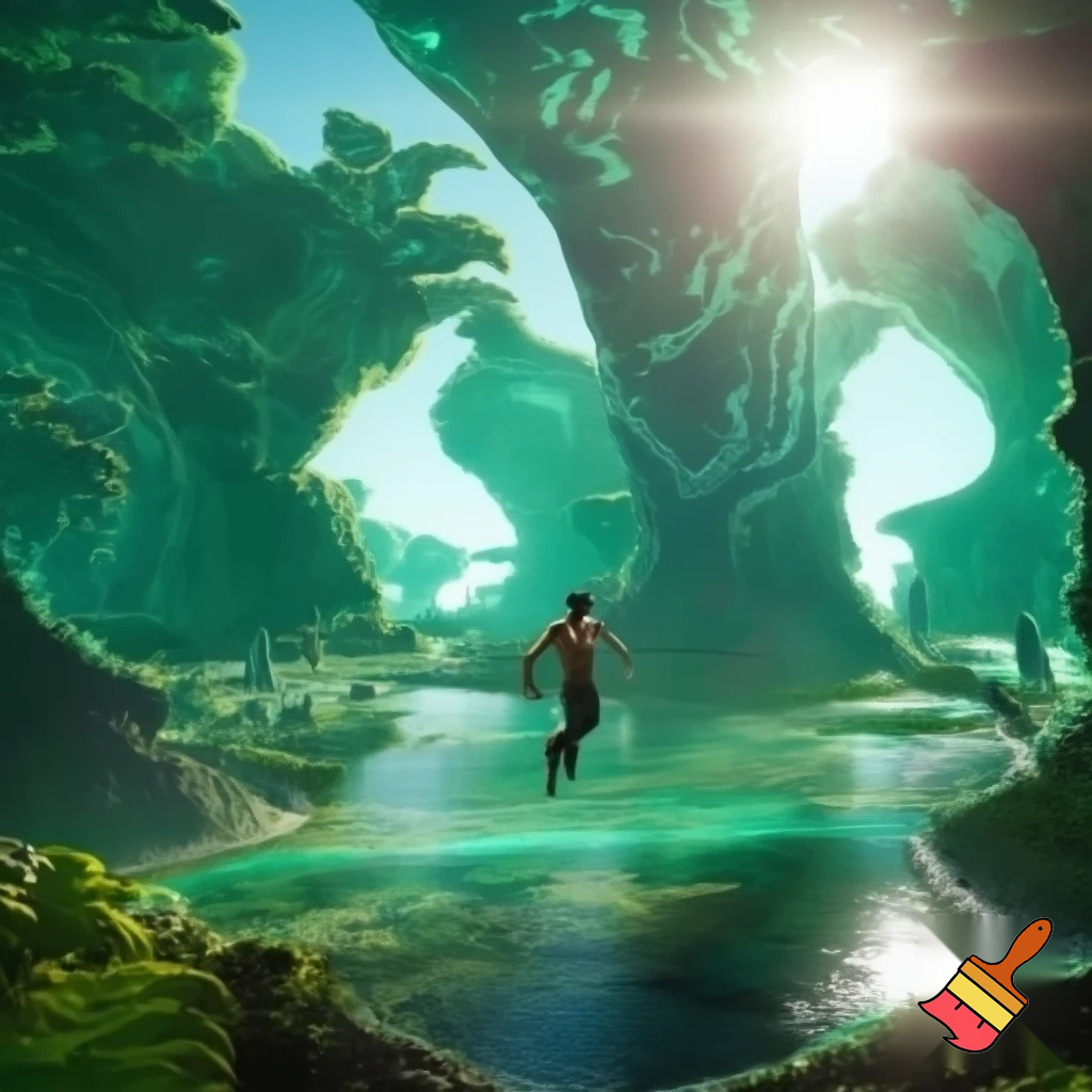 First glimpse of alien paradise — huge engineered trees humming, shimmering transparent rivers, empty paradise with no fauna, human-like figure rising above ground mid-leap (unexpected anti-gravity), dynamic motion blur, sunlight flares, cinematic wide shot, vivid greens and turquoise, high detail.

Settings / Steps:

Aspect ratio 16:9.

motion : levitating naked male muscular humanoid figuire

Lighting: intense backlight with rim highlights on foliage.

Keep environment lush but eerily empty.


Negative prompt: crowded scene, animals, text, low detail, childish style

Variations: quiet close-up on hand touching tree that hums, leaf-scale macro.
