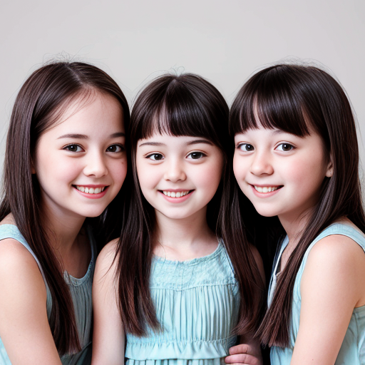 Generate a family photo of 3 triplet girls with black hair