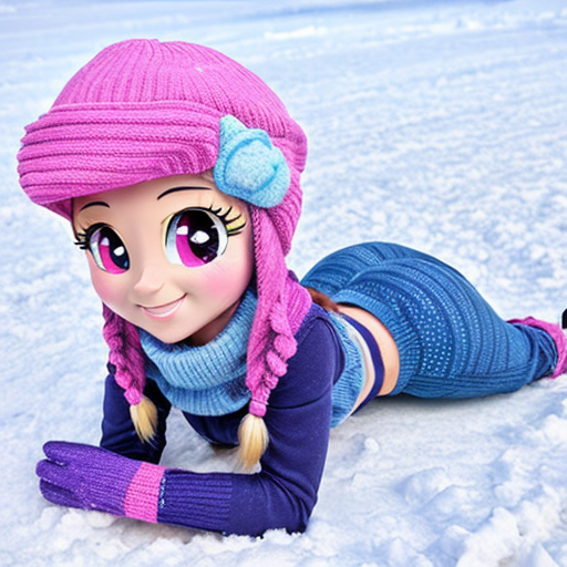 Create a pinkie pie equestria girls wearing light blue knit hats, light blue winter jacket, light blue mittens, purple pants and light blue boots in on back - lying down snow and making a snow angel in eyes closed and tooths grinw