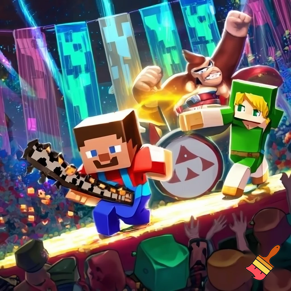 Minecraft steve, mario, link, and donkey Kong in a band