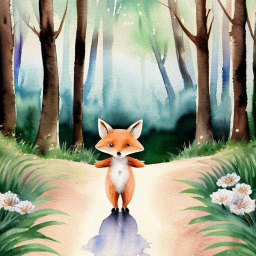 Children’s book watercolor illustration, soft pastel palette, warm magical forest atmosphere.

Andy, a small cute fox cub with bright orange fur, cream belly, fluffy oversized tail and big amber expressive eyes, stands in the Forest of Colors while the animals prepare for the traditional Glowing Path ceremony.

Around him, rabbits, hedgehogs, birds and squirrels decorate a winding forest path with tiny lanterns and flowers. Fireflies begin to gather above the path like floating stars. The trees are tall and colorful, with warm light filtering through the leaves.

Andy looks excited and curious, ears lifted and tail gently swaying.

Style: soft watercolor children’s book illustration, dreamy lighting, cozy magical forest, gentle details, storybook style, soft edges.

Use the reference image of Andy the fox to keep the same character design.