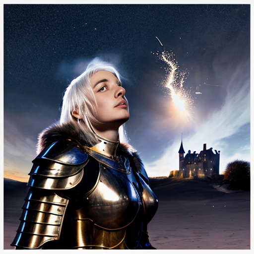 young white-haired woman in armor watches as meteorites fall on her castle