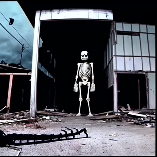 black skeleton standing outside an abandonded house, found footage quality, at midnight