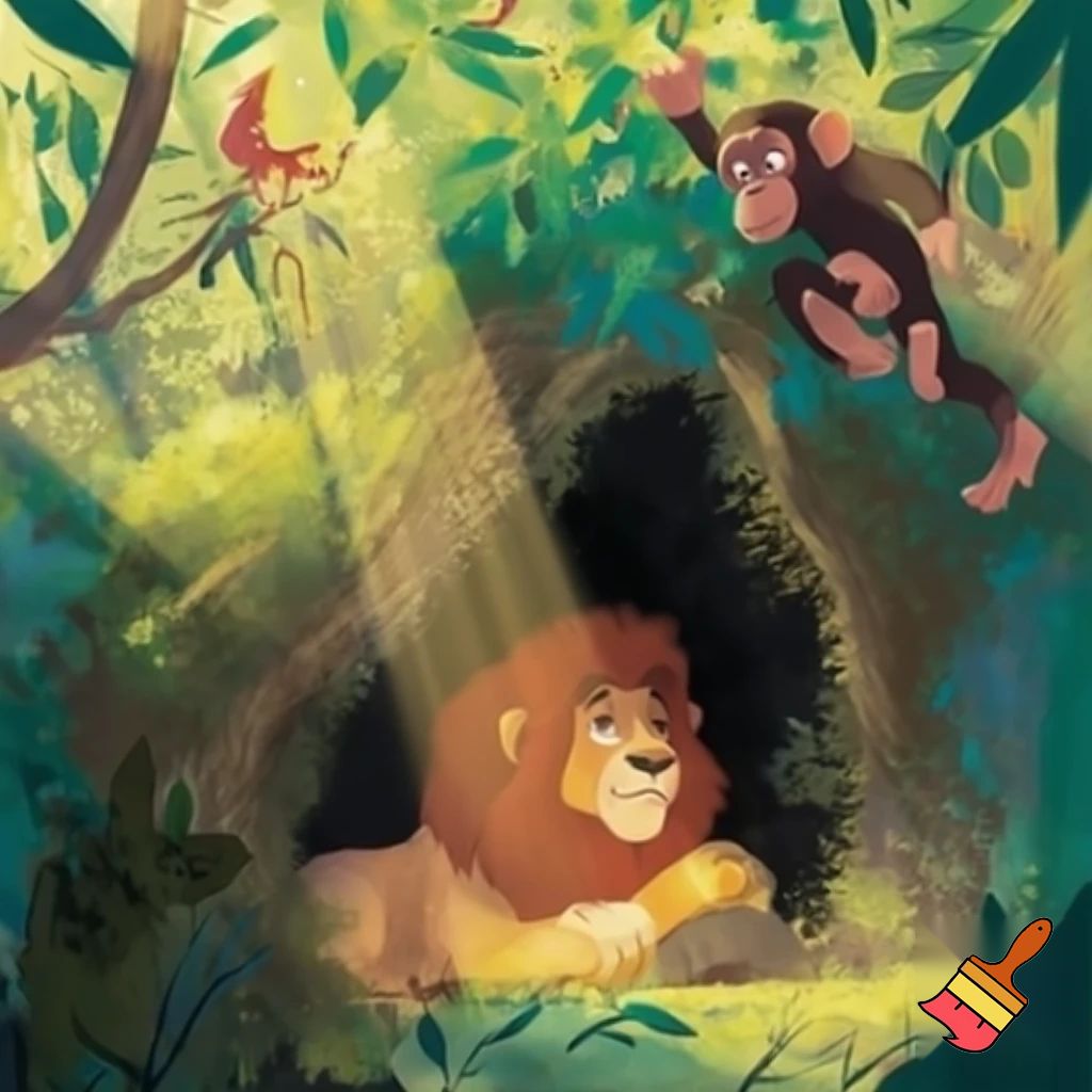 A peaceful jungle scene illustrated in a warm, storybook style. A proud lion named Charles rests calmly near the entrance of his cozy cave, while a curious chimpanzee named Parker climbs high in the trees, looking out as if dreaming of adventure. The sunlight filters softly through green leaves, colorful birds sing, and a gentle breeze moves the plants. The scene feels happy, calm, and full of life.”