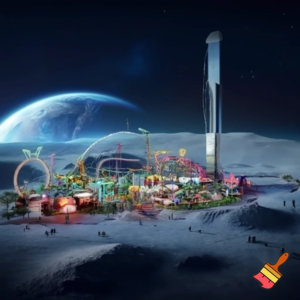 can you you make an amusement park on the moon with a giant advanced elevator from earth to the moon. The amusement PARK has playgrounds, rides, KFC, McDonald's, taco bell, chjipotle