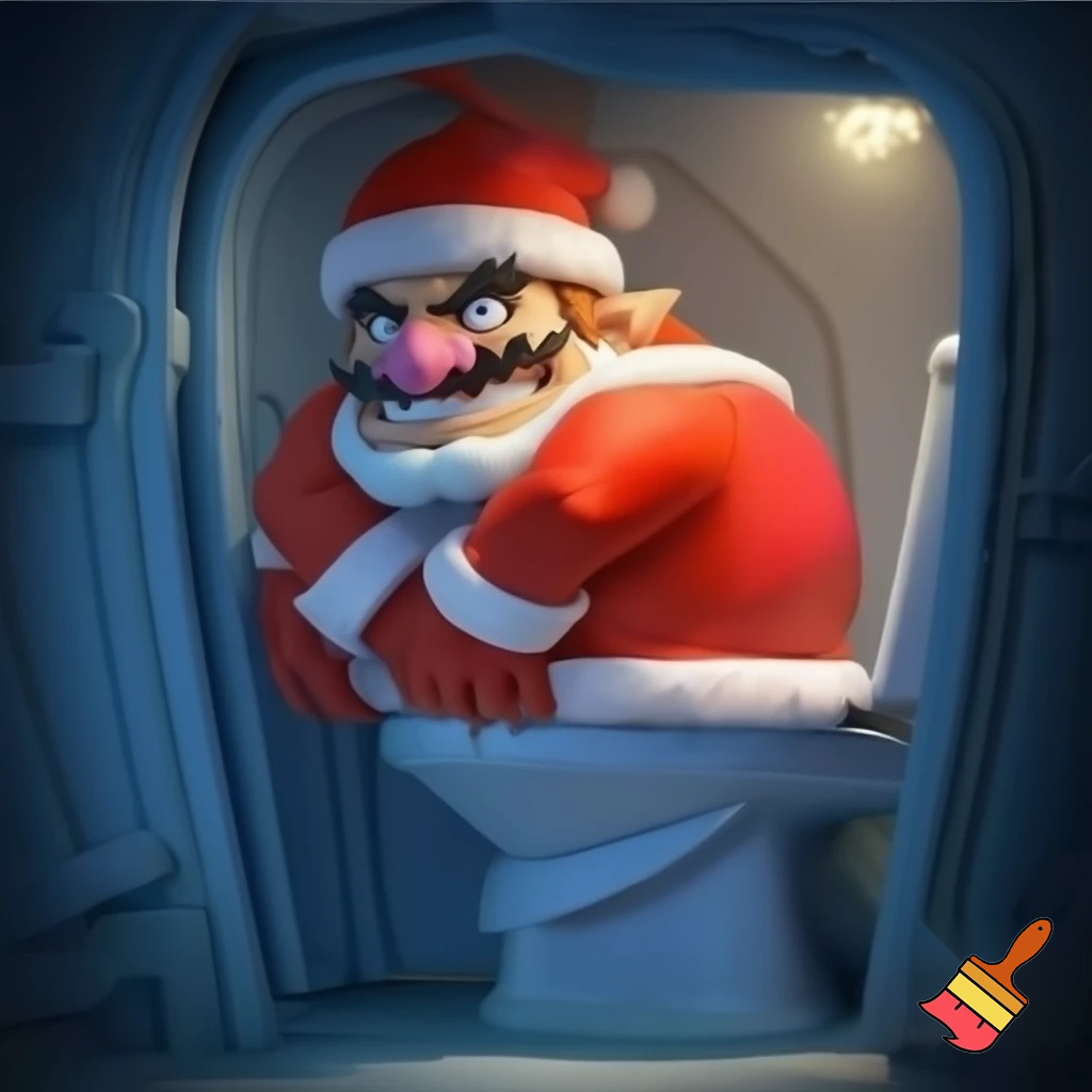 Wario in a Santa suit inside a portable toilet