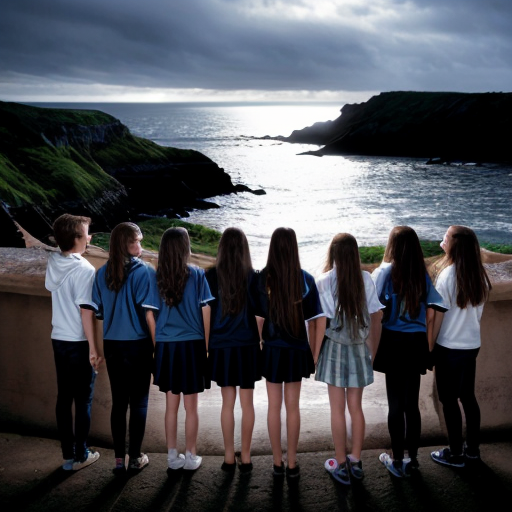 High school classroom yearbook group picture of people standing on the edge of the cliff to the ocean, at pitch black night heavy rainy night
