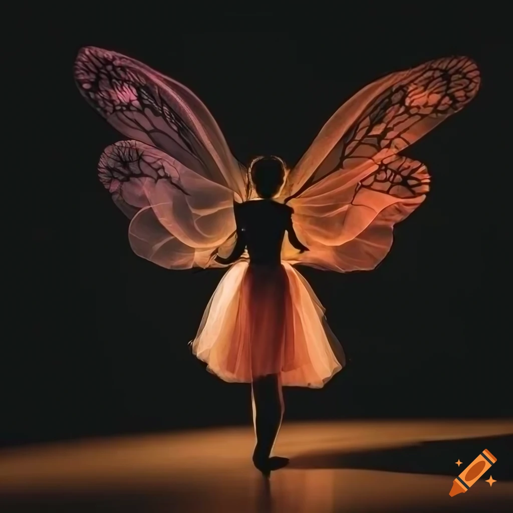 Backlit little girl in tutu silhouette crouching down with rainbow tulle shaped like butterfly wings with black background dramatic