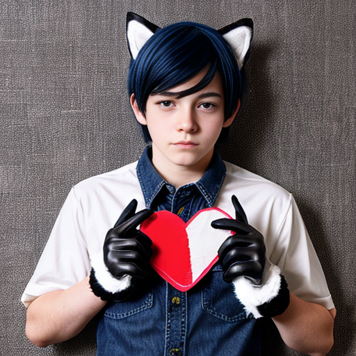 anime teenage boy with red eyes, black hair, white cat ears, a white shirt with a red love heart in the top right hand side, blue jeans, black gloves with one love heart per glove and a brown cat tail with a white stripe near the tip.