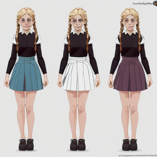 Create an original female character in a vibrant, cartoon style, designed as a professional concept art reference sheet. Include multiple angles: front, back, and 3/4 views, as well as expressive poses showing movement and emotion. Present clean, crisp linework with polished shading and vibrant colors, ensuring each part of the character’s design is clearly visible. Include close-ups of key details such as clothing patterns, accessories, and hair, while keeping proportions stylized but consistent. The composition should resemble a high-quality character reference sheet used in animation or game design, with neat annotations or visual notes showing design elements, color palette swatches, and small accessory details. Lighting should be soft and even to showcase the design clearly, and the overall layout should feel professional, organized, and visually appealing, female, blonde blue and golden translucide extremely glowing hair, wavy long hair, school uniform. Pale skin, tall and slim, elegant tied hair with Braids, sword