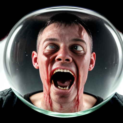 Realistic photographic portrait of a young man in a light green button-up shirt, standing outdoors under a clear bright blue sky, holding a large round transparent glass fishbowl directly in front of his face covering it completely, inside the fishbowl is a grotesque horrific exploded human head made of raw bloody flesh, exposed muscles, dripping viscous fluids and blood, prominent human teeth in a wide open screaming mouth, multiple large bulging bloodshot human eyeballs floating and attached unnaturally, strings of veins and nerves, glistening wet meat textures, hyper-detailed practical special effects makeup and prosthetics style, visceral body horror, photorealistic, sharp focus, natural daylight, high resolution, 8k, RAW photo