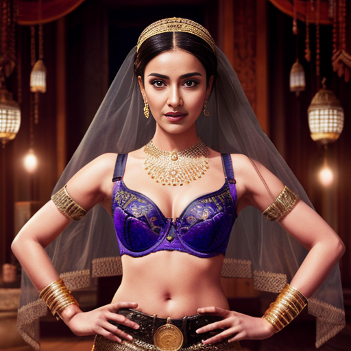 Aladdin 2d style of a Attractive Moroccan woman with dark skin wearing a headpiece, a veil, ornate cuffs, a bejeweled bra, a coin belt, harem pants and curved dance shoes  