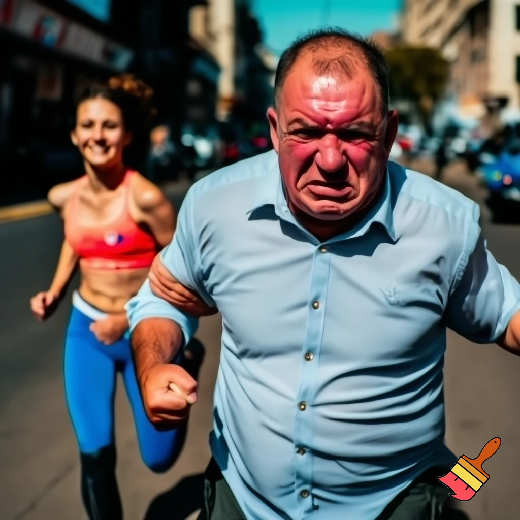 BIG FAT MIDDLE AGED MAN WHO CAN'T FIT IN HIS SHIRT CHASEING A YOUNG SLENDER WOMAN